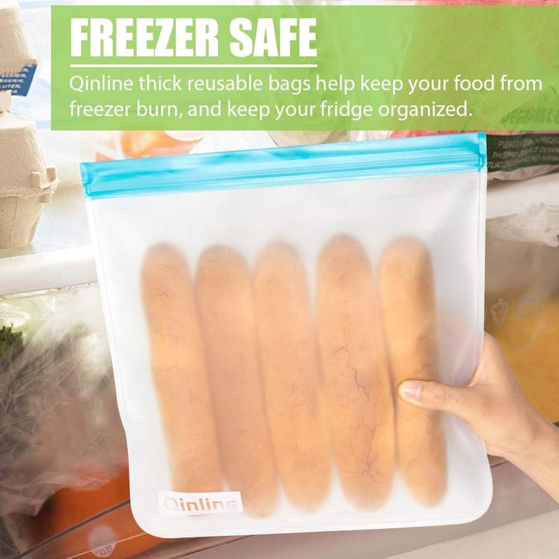 Qinline Reusable Food Storage Bags - 10 Pack Freezer Bags, Reusable Bags Silicone, Extra Thick Leakproof Reusable Lunch Bag for Salad Fruit Snack Travel - 2 Gallon 4 Sandwich 4 Snack Bags - Image 5